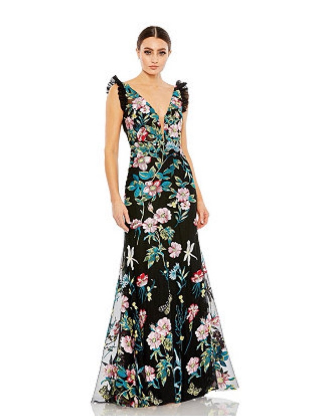 Mac Duggal Embroidered Floral Plunge Neck Trumpet Gown Sz 4 NWT $598 68273 🦋🌸